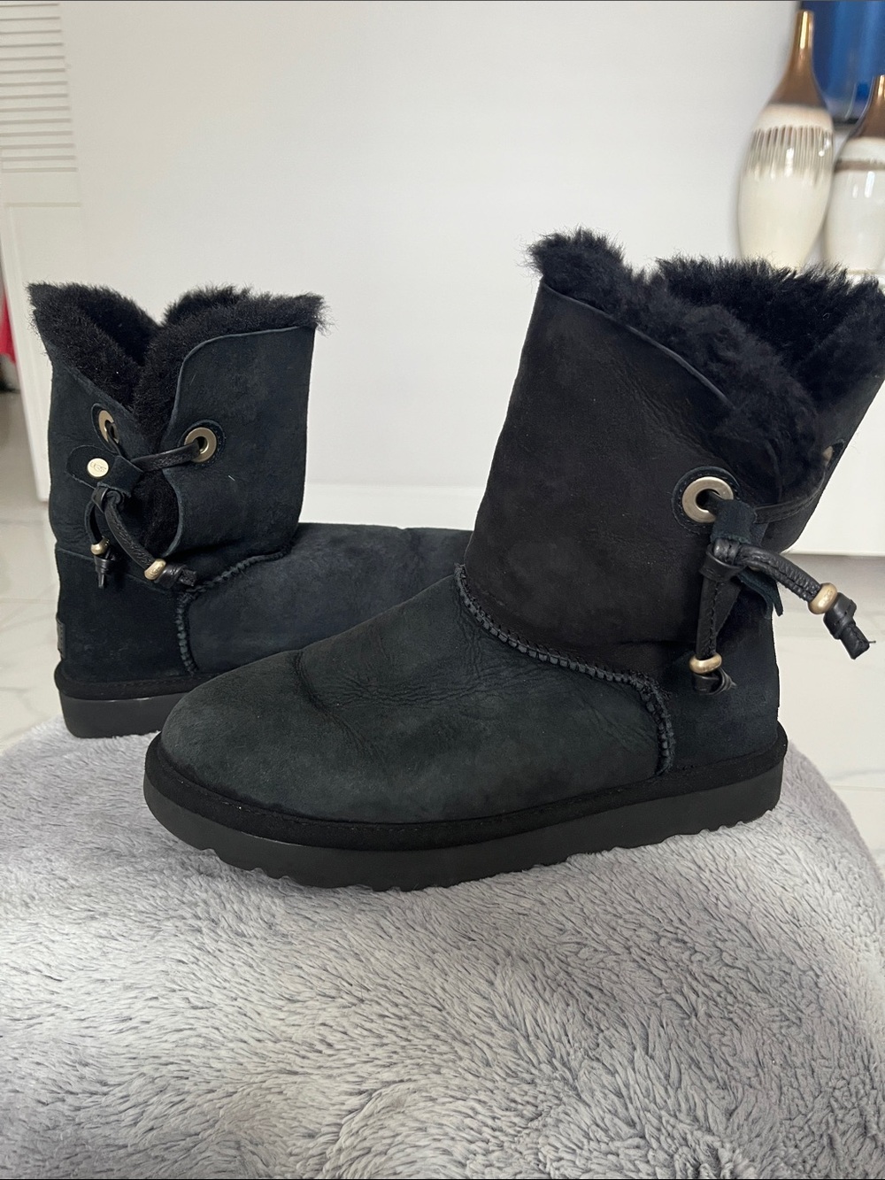 UGG Black Suede Shearling Booties with Back Tie